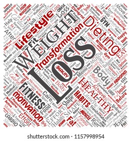 Vector conceptual weight loss healthy diet transformation square red word cloud isolated background. Collage of fitness motivation lifestyle, before and after workout slim body beauty concept