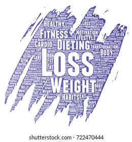 Vector conceptual weight loss healthy diet transformation paint brush word cloud isolated background. Collage of fitness motivation lifestyle, before and after workout slim body beauty concept