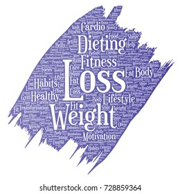 Pérdida de peso conceptual vectorial transformación de dieta saludable pincel de pintura nube de palabras fondo aislado. Collage del estilo de vida de motivación de fitness, antes y después del ejercicio del concepto delgado de belleza corporal