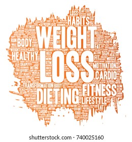 Vector conceptual weight loss healthy diet transformation paint brush word cloud isolated background. Collage of fitness motivation lifestyle, before and after workout slim body beauty concept