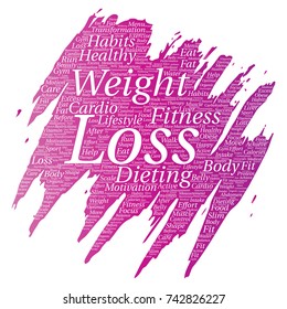 Pérdida de peso conceptual vectorial transformación de dieta saludable pincel de pintura nube de palabras fondo aislado. Collage del estilo de vida de motivación de fitness, antes y después del ejercicio del concepto delgado de belleza corporal