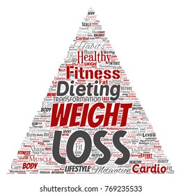 Vector conceptual weight loss healthy diet transformation triangle arrow word cloud isolated background. Collage of fitness motivation lifestyle, before and after workout slim body beauty concept