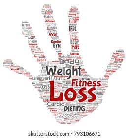 Vector conceptual weight loss healthy diet transformation hand print stamp word cloud isolated background. Collage of fitness motivation lifestyle, before and after workout slim body beauty concept