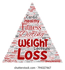 Vector conceptual weight loss healthy diet transformation triangle arrow word cloud isolated background. Collage of fitness motivation lifestyle, before and after workout slim body beauty concept