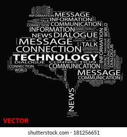 Vector or conceptual white tree word cloud on black background, metaphor for communication, speech, message, mail, relation, dialog, talk, report, contact, stair, climb, email, internet wordcloud