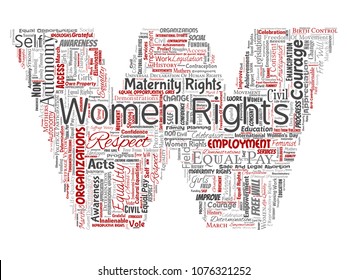 Vector conceptual women rights, equality, free-will letter font W red word cloud isolated background. Collage of feminism, empowerment, integrity, opportunities, awareness, courage, education  concept