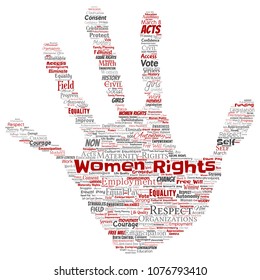 Vector conceptual women rights, equality, free-will hand print stamp word cloud isolated background. Collage of feminism, empowerment, integrity, opportunities, awareness, courage, education, concept