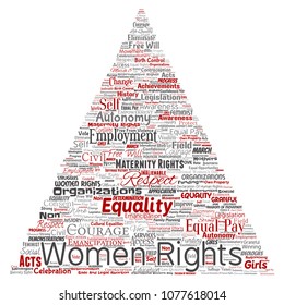 Vector conceptual women rights, equality, free-will triangle arrow red word cloud isolated background. Collage of feminism, empowerment, integrity, opportunities, awareness, courage, education concept