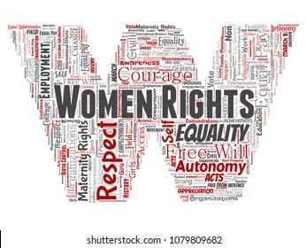 Vector conceptual women rights, equality, free-will letter font W red word cloud isolated background. Collage of feminism, empowerment, integrity, opportunities, awareness, education, respect concept