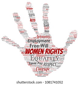 Vector conceptual women rights, equality, free-will hand print stamp word cloud isolated background. Collage of feminism, empowerment, integrity, opportunities, awareness, courage, education concept