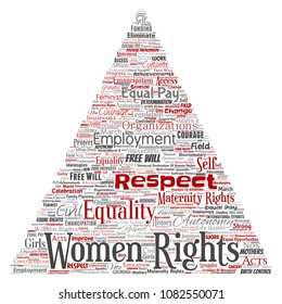 Vector conceptual women rights, equality, free-will triangle arrow red word cloud isolated background. Collage of feminism, empowerment, integrity, opportunities, awareness, courage, education concept