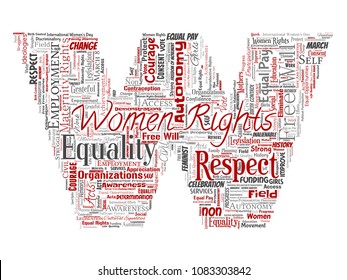 Vector conceptual women rights, equality, free-will letter font W red word cloud isolated background. Collage of feminism, empowerment, integrity, opportunities, awareness, courage, education  concept