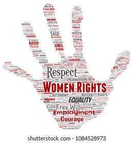 Vector conceptual women rights, equality, free-will hand print stamp word cloud isolated background. Collage of feminism, empowerment, integrity, opportunities, awareness, courage, education concept