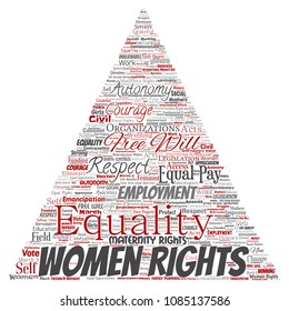 Vector conceptual women rights, equality, free-will triangle arrow red word cloud isolated background. Collage of feminism, empowerment, integrity, opportunities, awareness, courage, education concept