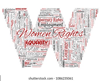 Vector conceptual women rights, equality, free-will letter font W red word cloud isolated background. Collage of feminism, empowerment, integrity, opportunities, awareness, courage, education  concept