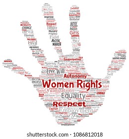 Vector conceptual women rights, equality, free-will hand print stamp word cloud isolated background. Collage of feminism, empowerment, integrity, opportunities, awareness, courage, education concept