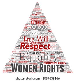 Vector conceptual women rights, equality, free-will triangle arrow red word cloud isolated background. Collage of feminism, empowerment, integrity, opportunities, awareness, courage, education concept