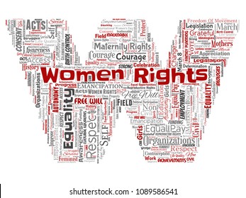 Vector conceptual women rights, equality, free-will letter font W red word cloud isolated background. Collage of feminism, empowerment, integrity, opportunities, awareness, education, respect concept