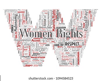 Vector conceptual women rights, equality, free-will letter font W red word cloud isolated background. Collage of feminism, empowerment, integrity, awareness, courage, education, respect concept