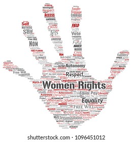 Vector conceptual women rights, equality, free-will hand print stamp word cloud isolated background. Collage of feminism, empowerment, opportunities, awareness, courage, education, respect concept