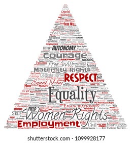 Vector conceptual women rights, equality, free-will triangle arrow red word cloud isolated background. Collage of feminism, empowerment, opportunities, awareness, courage, education, respect concept