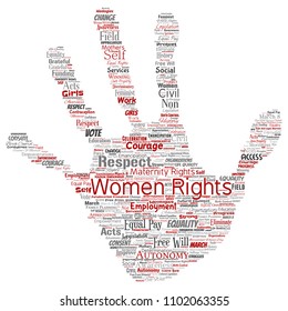 Vector conceptual women rights, equality, free-will hand print stamp word cloud isolated background. Collage of feminism, empowerment, opportunities, awareness, courage, education, respect concept