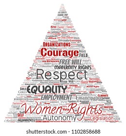 Vector conceptual women rights, equality, free-will triangle arrow red word cloud isolated background. Collage of feminism, empowerment, opportunities, awareness, courage, education, respect concept