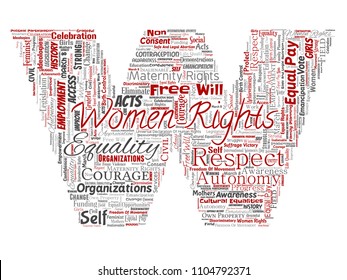 Vector conceptual women rights, equality, free-will letter font W red word cloud isolated background. Collage of feminism, empowerment,  opportunities, awareness, courage, education, respect concept