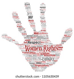 Vector conceptual women rights, equality, free-will hand print stamp word cloud isolated background. Collage of feminism, empowerment,  opportunities, awareness, courage, education, respect concept