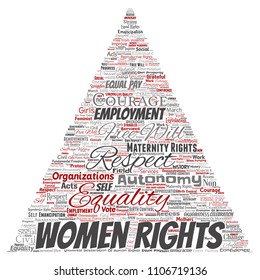 Vector conceptual women rights, equality, free-will triangle arrow red word cloud isolated background. Collage of feminism, empowerment,  opportunities, awareness, courage, education, respect concept