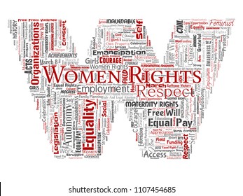 Vector conceptual women rights, equality, free-will letter font W red word cloud isolated background. Collage of feminism, empowerment,  opportunities, awareness, courage, education, respect concept