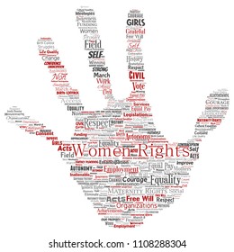 Vector conceptual women rights, equality, free-will hand print stamp word cloud isolated background. Collage of feminism, empowerment,  opportunities, awareness, courage, education, respect concept