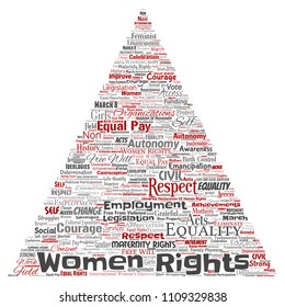 Vector conceptual women rights, equality, free-will triangle arrow red word cloud isolated background. Collage of feminism, empowerment, opportunities, awareness, courage, education, respect concept