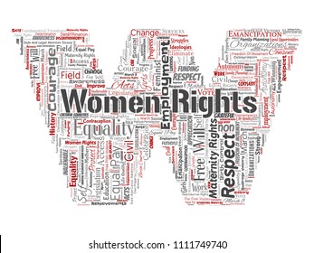 Vector conceptual women rights, equality, free-will letter font W red word cloud isolated background. Collage of feminism, empowerment, opportunities, awareness, courage, education, respect concept