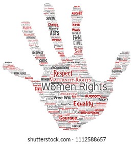 Vector conceptual women rights, equality, free-will hand print stamp word cloud isolated background. Collage of feminism, empowerment, opportunities, awareness, courage, education, respect concept