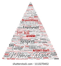 Vector conceptual women rights, equality, free-will triangle arrow red word cloud isolated background. Collage of feminism, empowerment,  opportunities, awareness, courage, education, respect concept