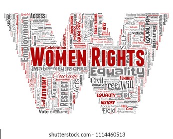 Vector conceptual women rights, equality, free-will letter font W red word cloud isolated background. Collage of feminism, empowerment, opportunities, awareness, courage, education, respect concept