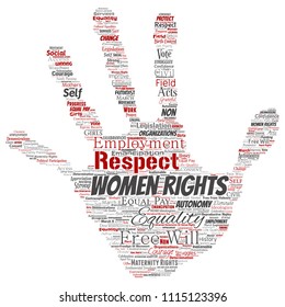 Vector conceptual women rights, equality, free-will hand print stamp word cloud isolated background. Collage of feminism, empowerment, opportunities, awareness, courage, education, respect concept