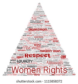 Vector conceptual women rights, equality, free-will triangle arrow red word cloud isolated background. Collage of feminism, empowerment, opportunities, awareness, courage, education, respect concept