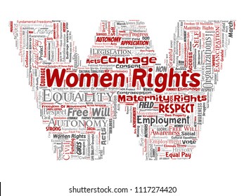 Vector conceptual women rights, equality, free-will letter font W red word cloud isolated background. Collage of feminism, empowerment, opportunities, awareness, courage, education, respect concept