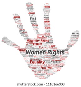 Vector conceptual women rights, equality, free-will hand print stamp word cloud isolated background. Collage of feminism, empowerment,  opportunities, awareness, courage, education, respect concept