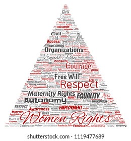 Vector conceptual women rights, equality, free-will triangle arrow red word cloud isolated background. Collage of feminism, empowerment,  opportunities, awareness, courage, education, respect concept