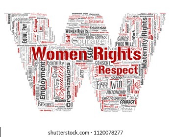 Vector conceptual women rights, equality, free-will letter font W red word cloud isolated background. Collage of feminism, empowerment, opportunities, awareness, courage, education, respect concept