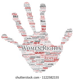 Vector conceptual women rights, equality, free-will hand print stamp word cloud isolated background. Collage of feminism, empowerment,  opportunities, awareness, courage, education, respect concept