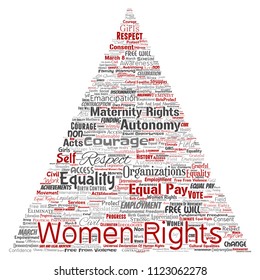 Vector conceptual women rights, equality, free-will triangle arrow red word cloud isolated background. Collage of feminism, empowerment,  opportunities, awareness, courage, education, respect concept