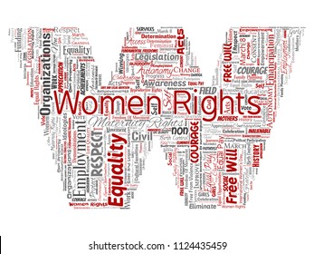 Vector conceptual women rights, equality, free-will letter font W red word cloud isolated background. Collage of feminism, empowerment, opportunities, awareness, courage, education, respect concept