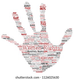 Vector conceptual women rights, equality, free-will hand print stamp word cloud isolated background. Collage of feminism, empowerment, opportunities, awareness, courage, education, respect concept