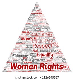 Vector conceptual women rights, equality, free-will triangle arrow red word cloud isolated background. Collage of feminism, empowerment, opportunities, awareness, courage, education, respect concept