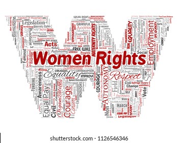 Vector conceptual women rights, equality, free-will letter font W red word cloud isolated background. Collage of feminism, empowerment,  opportunities, awareness, courage, education, respect concept