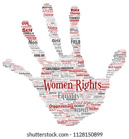 Vector conceptual women rights, equality, free-will hand print stamp word cloud isolated background. Collage of feminism, empowerment,  opportunities, awareness, courage, education, respect concept